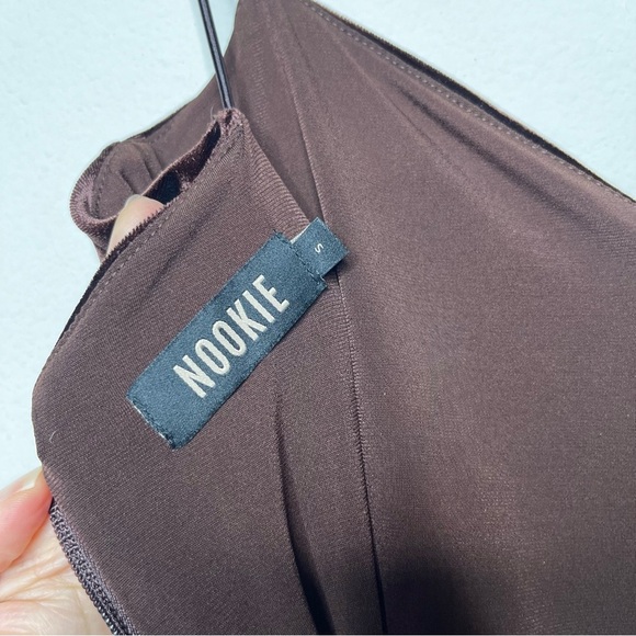 Nookie Rumi Midi Dress in Chocolate Velvet Ruched Sides Stretch Shoulder Straps - Picture 9 of 10